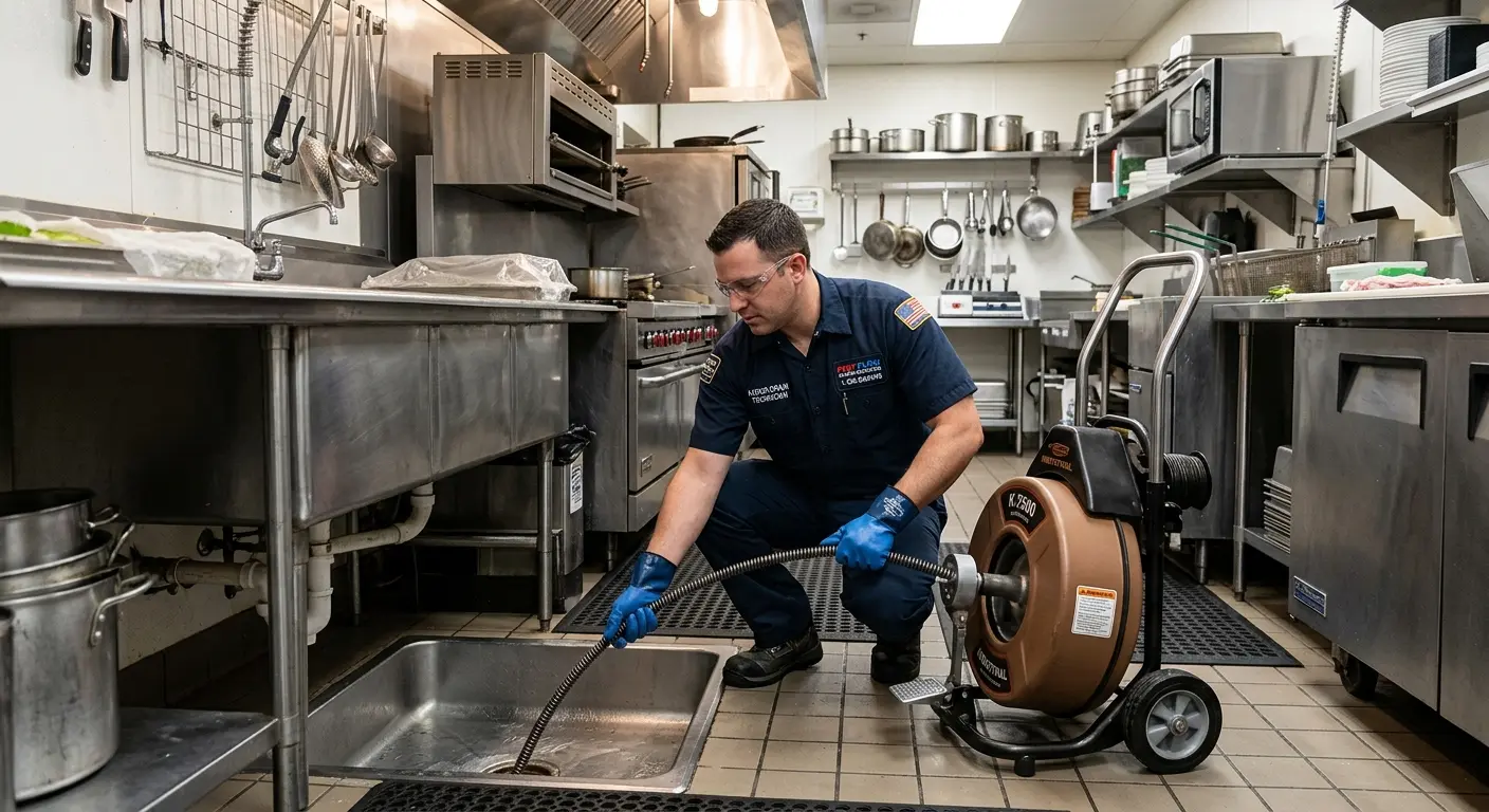 Commercial drain cleaning service in a restaurant kitchen in Crowley