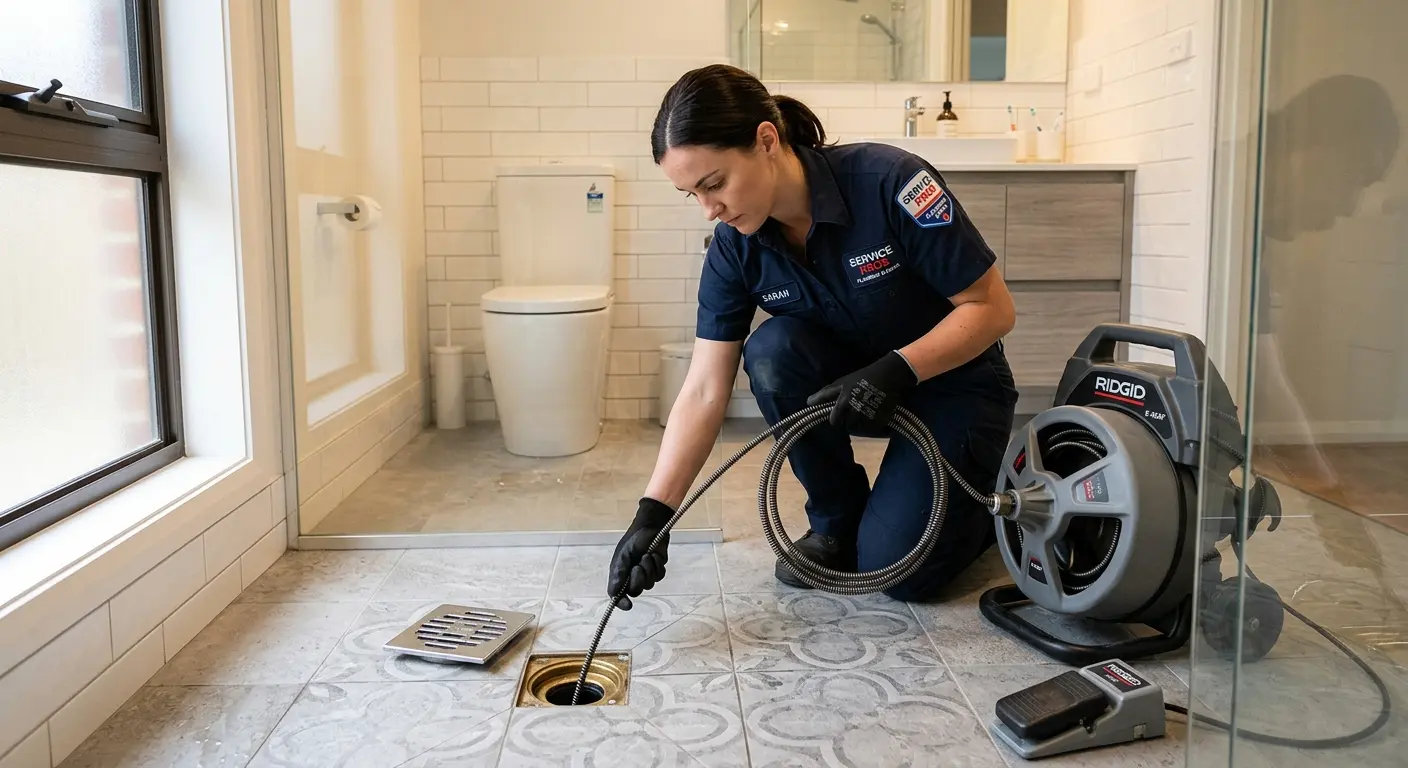 Technician clearing a bathroom floor drain for Hydro Jetting in Crowley